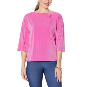 DAVID David Meister 3/4 Sleeve Fluid Jersey Knot-Neck Top in Hot Pink